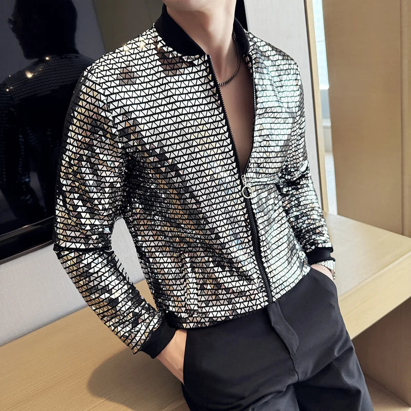 Y2K Mens Jacke Designer Clothes Fashion Cool Sequined Jackets Men Streetwear Night Club Stage Thin Bomber Jacket Techwear Homme