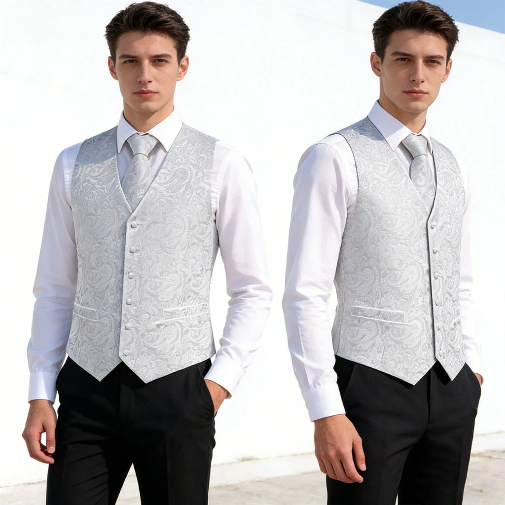 Men's Floral Vest & Tie Hanky Cufflinks Set – Formal Biege Grey White Waistcoat for Weddings Events Party Gift