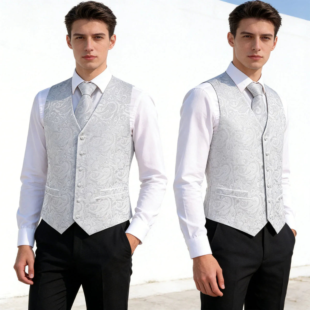 Men's Floral Vest & Tie Hanky Cufflinks Set – Formal Biege Grey White Waistcoat for Weddings Events Party Gift