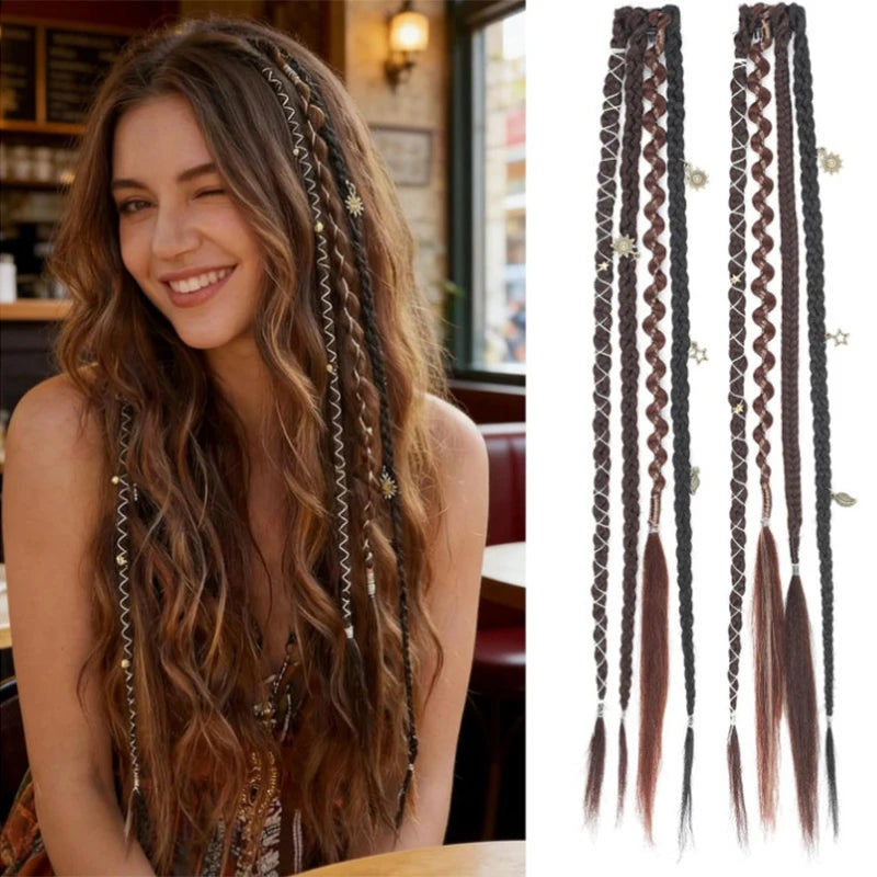 Wig with 4 small braids and hair extensions for women paired with Bohemian style BB clip on synthetic boxing braids