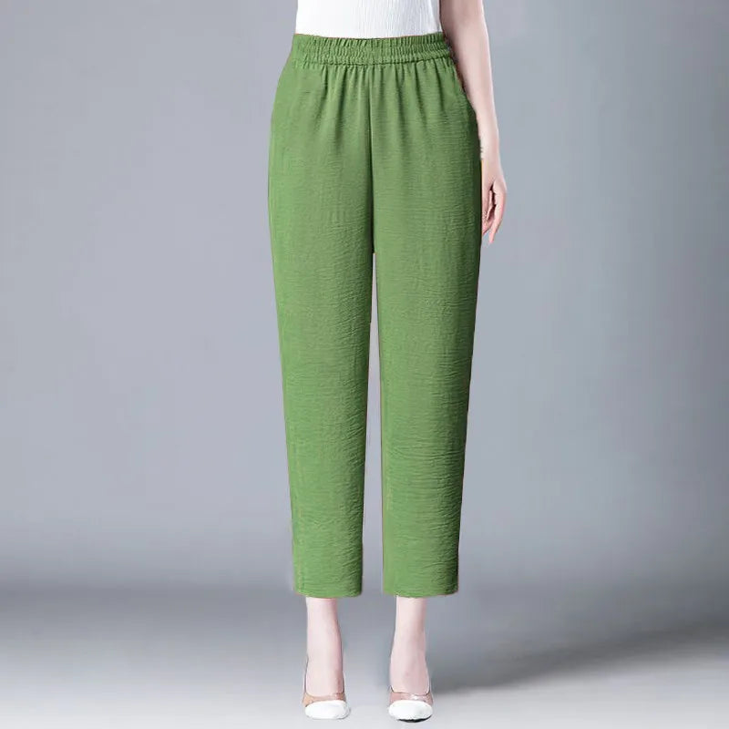 Ladies High Waist Ice Silk Hemp Thin Straight Leg Casual Pants Harlan Sle Nine Point Summer Trousers Pure Color Casual Wear