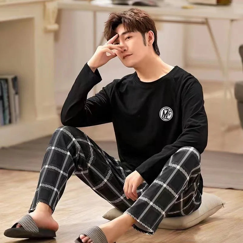 Men's Casual Pyjamas - Long-Sleeved Spring/Autumn Homewear Lightweight Pyjama Set for Young and Middle-Aged Men in Autumn/Winter