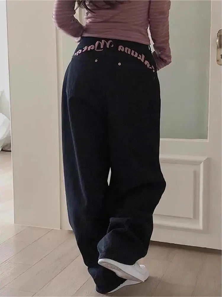 High Waist Bastitch Letter Print Denim Jeans Women's Summer New Sle Sweet Cool Spicy Girl Trendy Long Pants