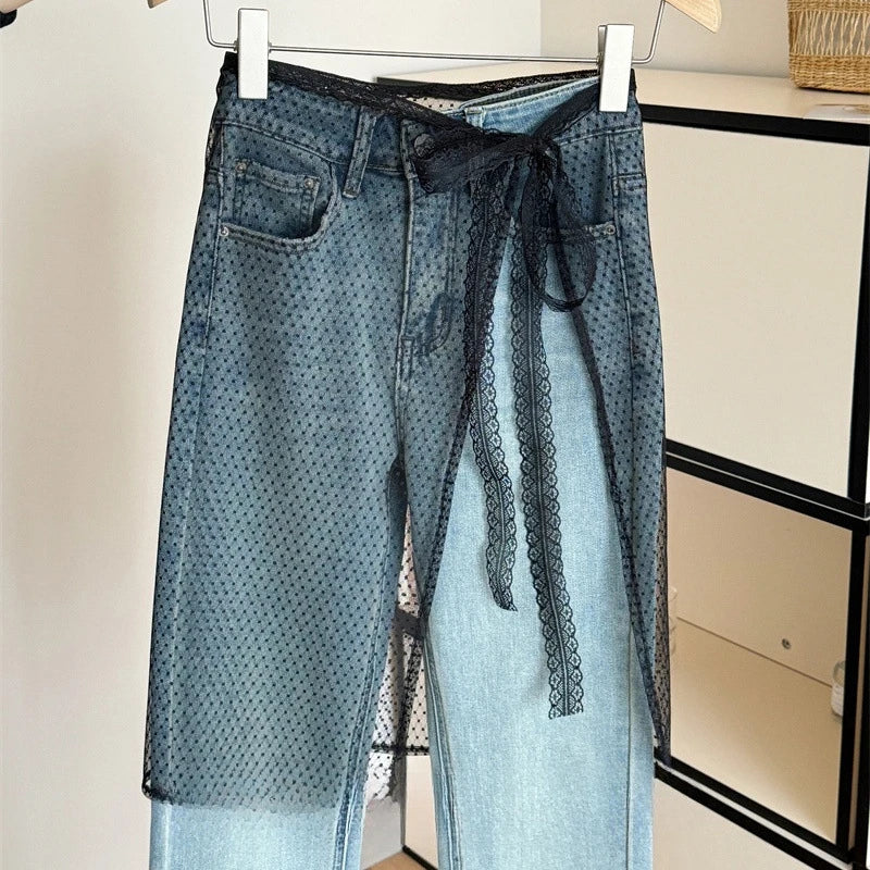 Spring Summer Lace-up Lace Side Half-body Skirt Short Fart Curtain Apron Girls Sweet Jeans Casual Pants Accessories Skirt