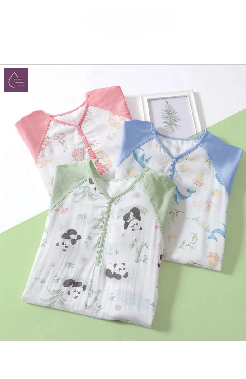 Lightweight Gauze Children's Summer Pajamas Breathable Cartoon Printed Girls' Nightgown Cute One-Piece Pajamas