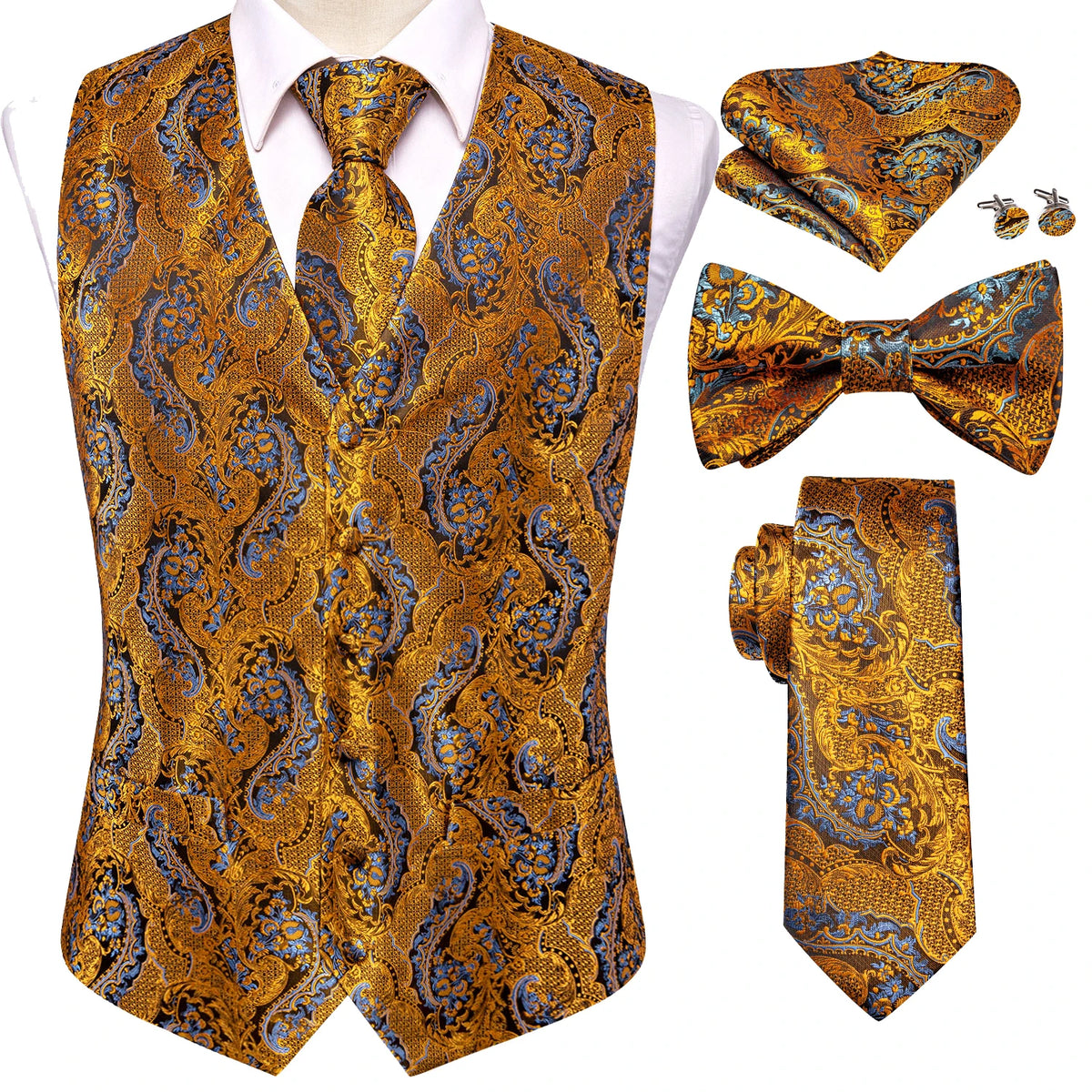 Luxury Gold Mens Suit Vest Red Blue Green Yellow Red Waistcoat Tie Bowtie Hanky Cufflinks Set Male Waist Jacket Wedding Office