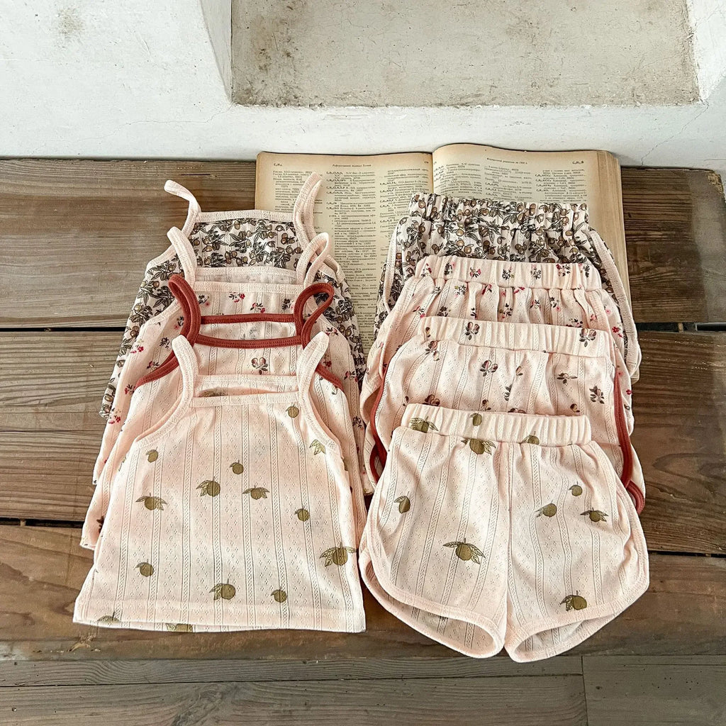 Children Pajamas Danish Style Home Clothes Summer Baby Sling Suit Print Top Vest +shorts Kids Ventilate