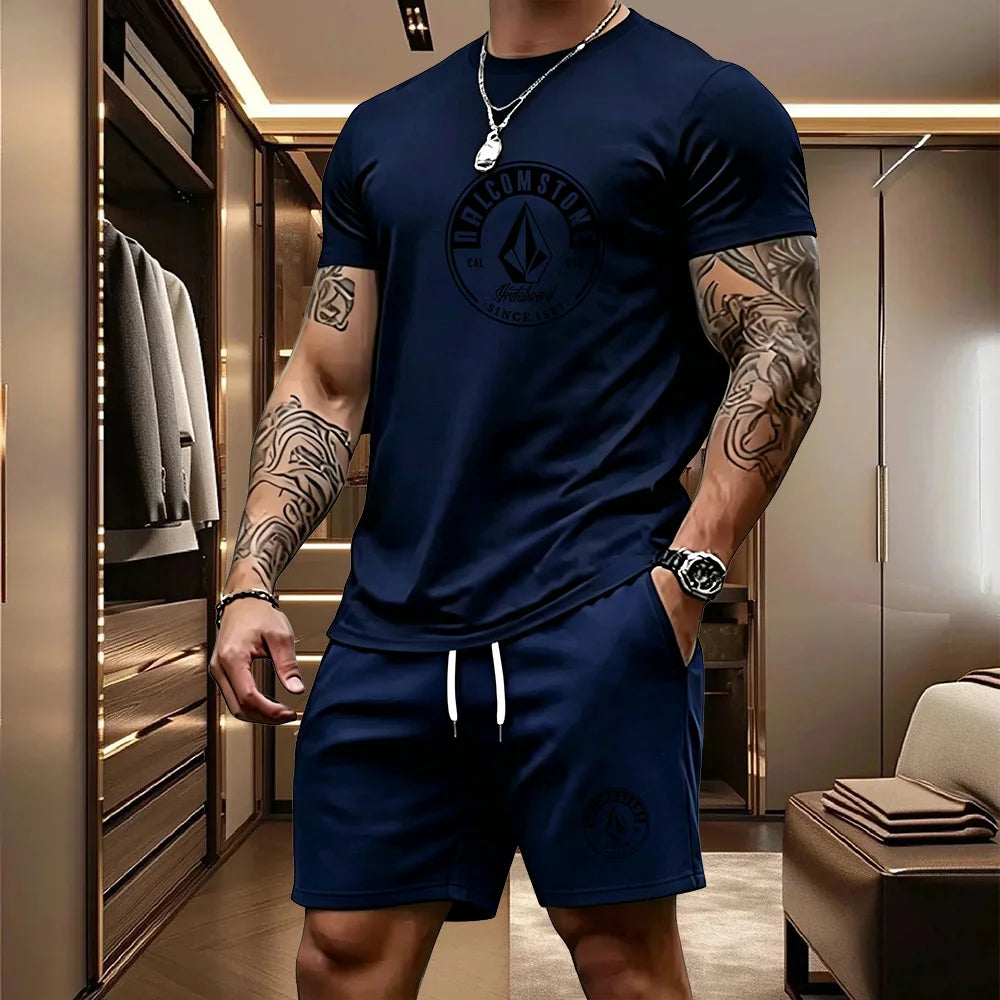 Men's Casual Sportswear 2-piece Set Classic Short Sleeved T-shirt+drawstring Pocket Shorts Street Skateboarding Outdoor Outfit