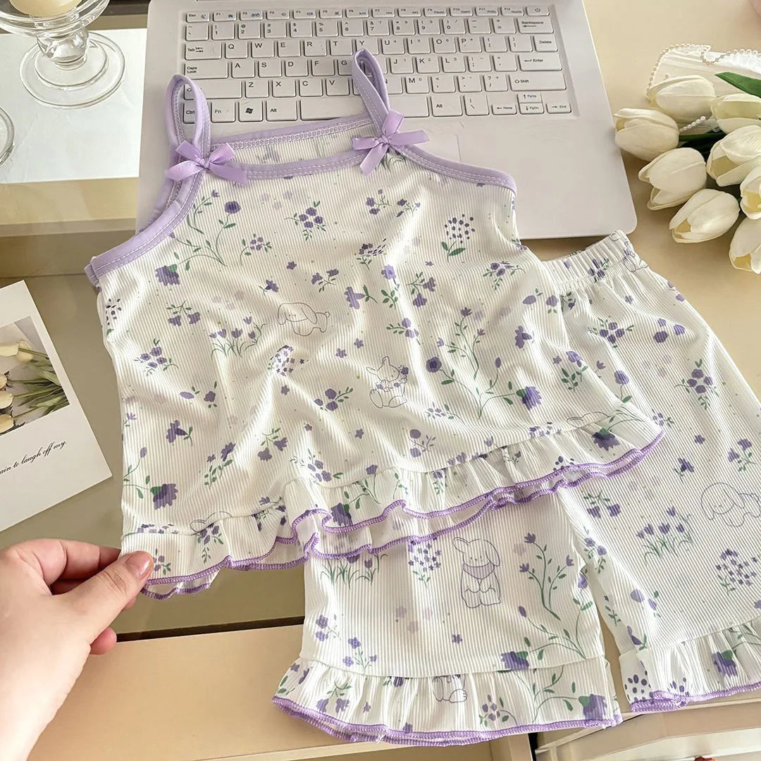 Ins Korean Style Toddler Girls Summer Pajama Set Sleeveless Bow Strap Design With Cartoon Floral Print Loose Casual Nightwear