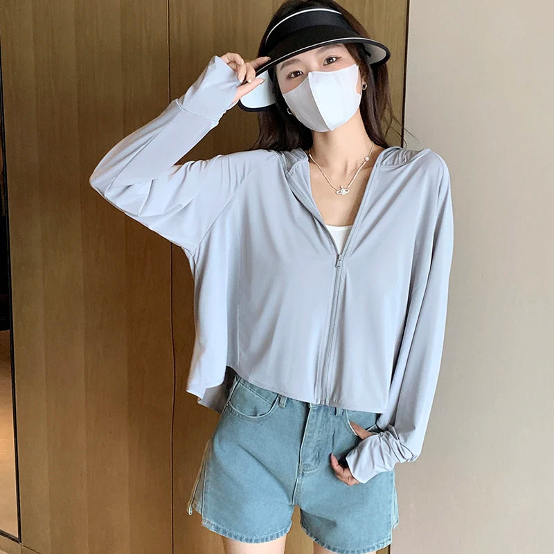 Full Coverage UPF 40+ Sun Protection Jacket Women Summer Breathable UV Protection Hooded Jacket Woman Loose Cropped Cardigan Top