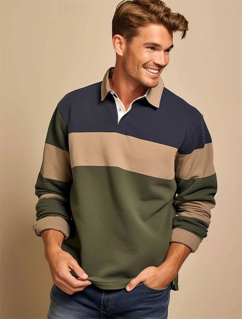 Simple Striped Long Sleeve Polo Shirts For Men Fashion Daily Wear 3D Printed Golf Polo Shirt Casual Oversized Lapel Button Tops