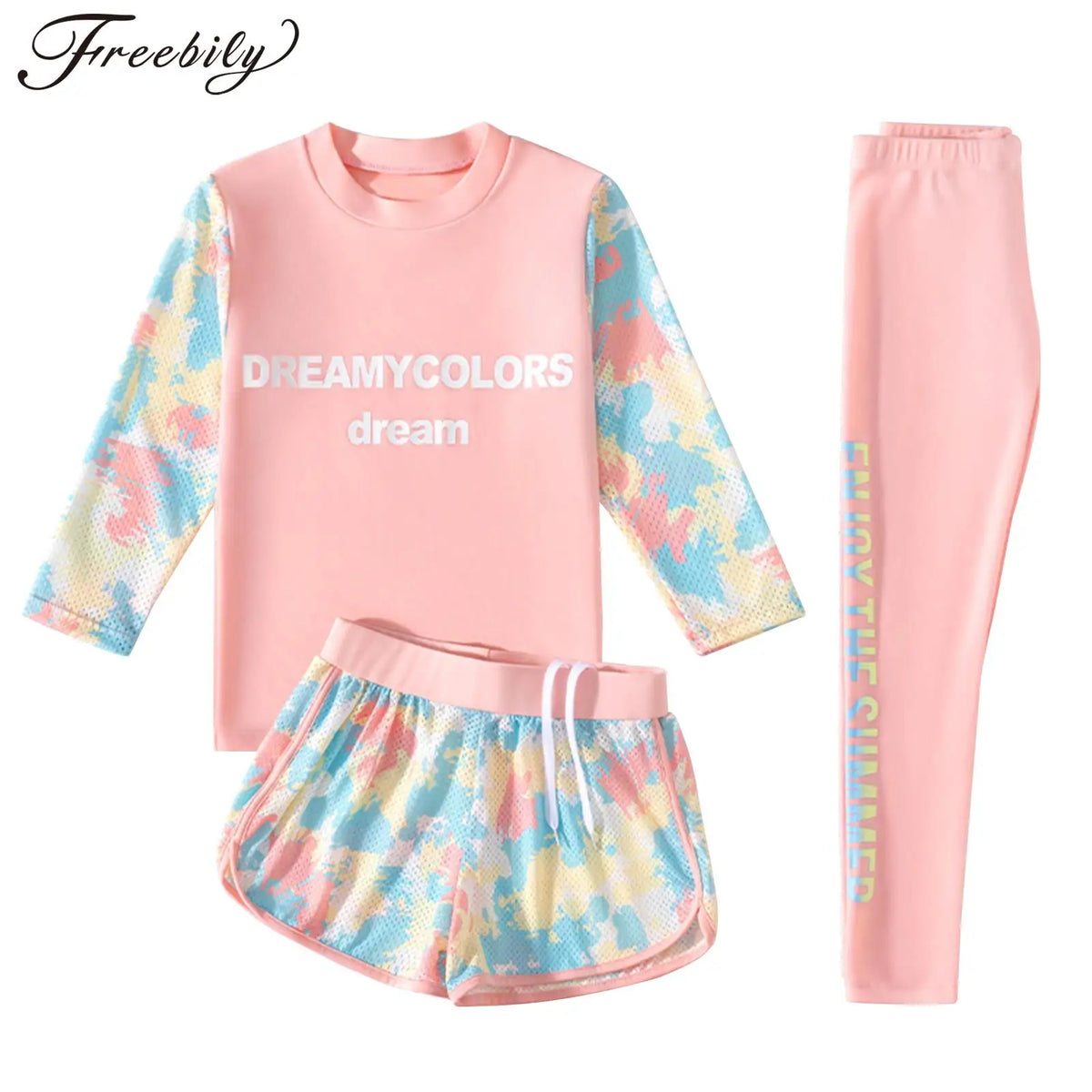 Kids Girls Print Swimsuit Long Sleeve Top with Shorts Pants Sun Protection Swimwear Rash Guard Beach Pool Bathing Suit Wetsuit