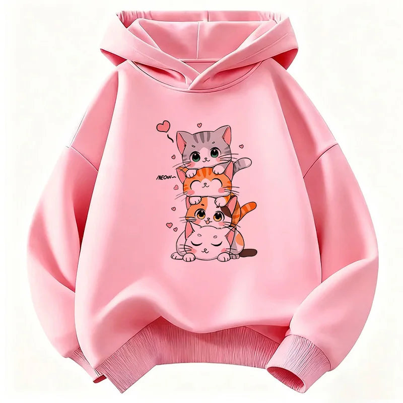 Cute Cat Graphic Kids Hoodie Long Sleeve Sweatshirt Cartoon Animal Boys Girls Clothes Kawaii Kitten Tops Y2K Children Hoody