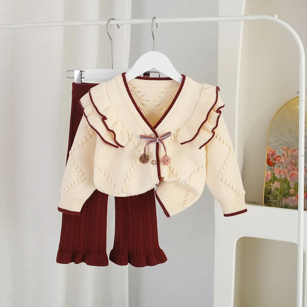 Children's Sets Cardigan & Bell Bottoms Set Girls Autumn Winter Fashion Sweater  Kids Clothes Two-piece Set