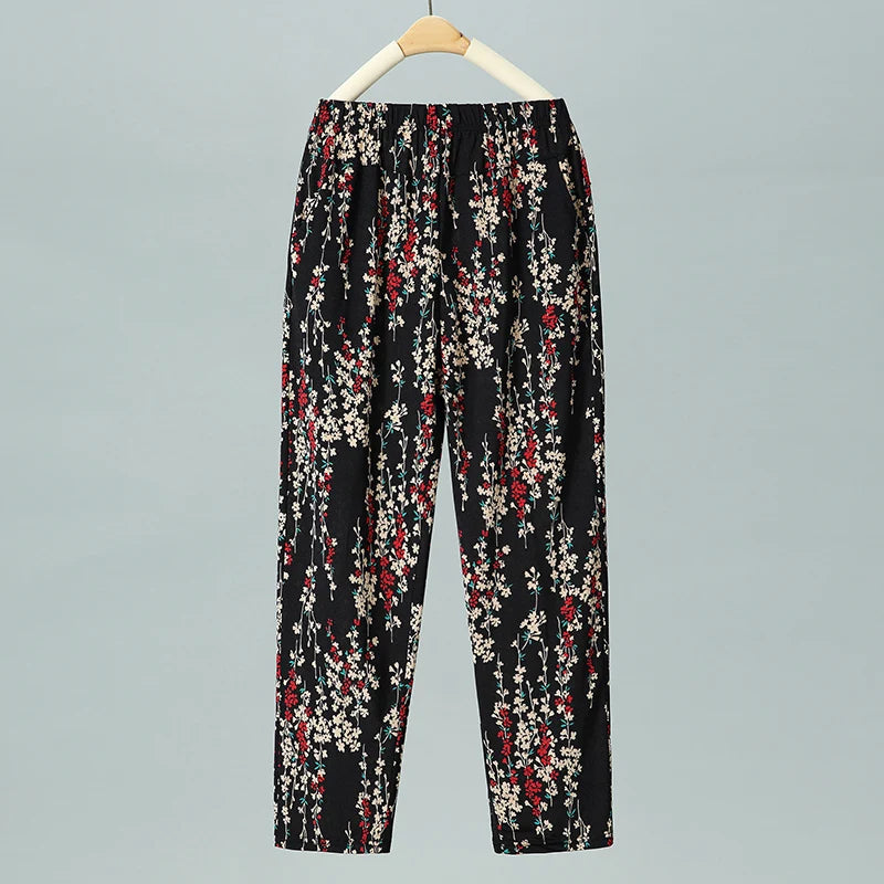 Summer Thin Nine Points Ice Silk Loose Straight Leg Pants High Waist Floral Design for Mom And andma Comfortable Casual Tro...