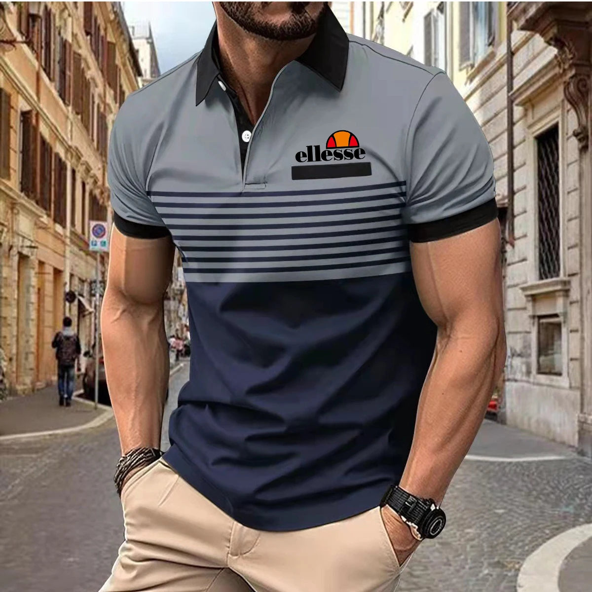 Premium Men's ellesse Polo Shirt: Skin-Friendly Material, Contrast Collar & Cuffs, Horizontal Stripes with Classic ellesse Logo