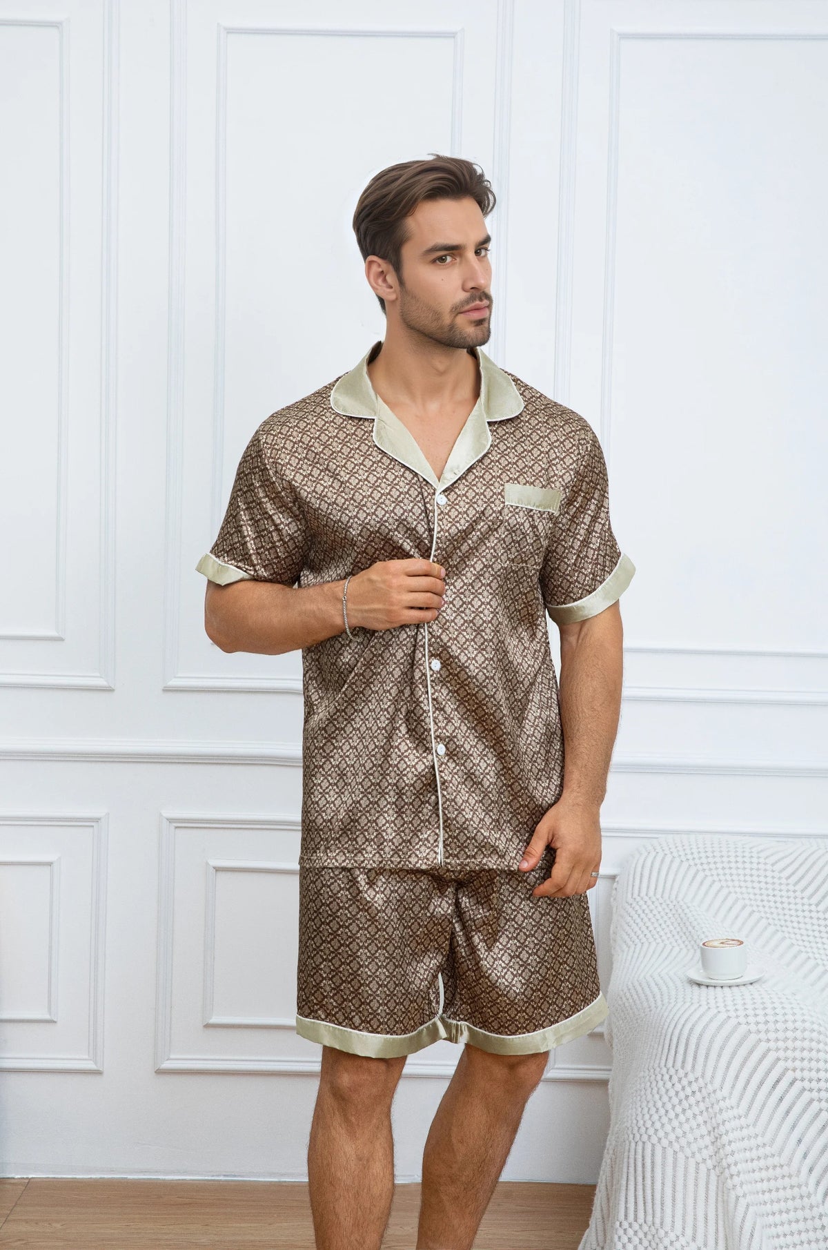Men's Vintage Print Satin Pajama Set, Short Sleeve Button-Down Shirt & Shorts, Casual Loungewear Set Pajamas for Men Pijama