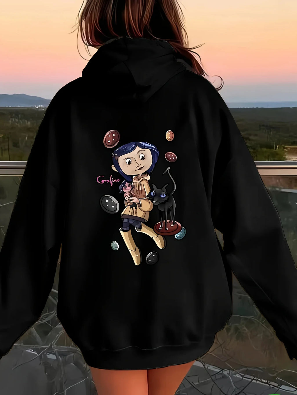 Coraline Themed Cartoon Character Print Hoodie for Women Casual Fashion Casual HipHop Sweatshirt Harajuku Unisex