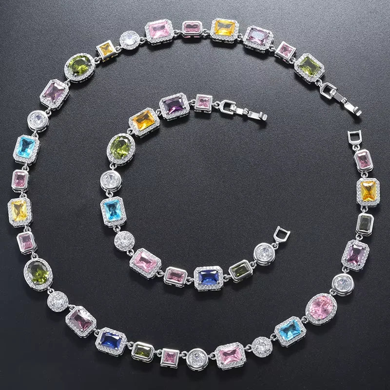 Colorful Mosaic Geometric Zircon Bracelet/Necklace Set Hip-Hop Retro Unisex Couple's 18K Gold-Plated Brass Jewelry:VL661 VL662