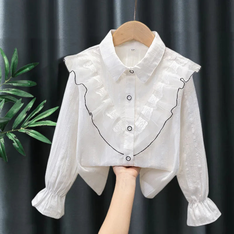 Kids Shirt White Long Sleeve Spring Autumn Class Uniform Performance Costume Lace Girls Student Wear New Girls