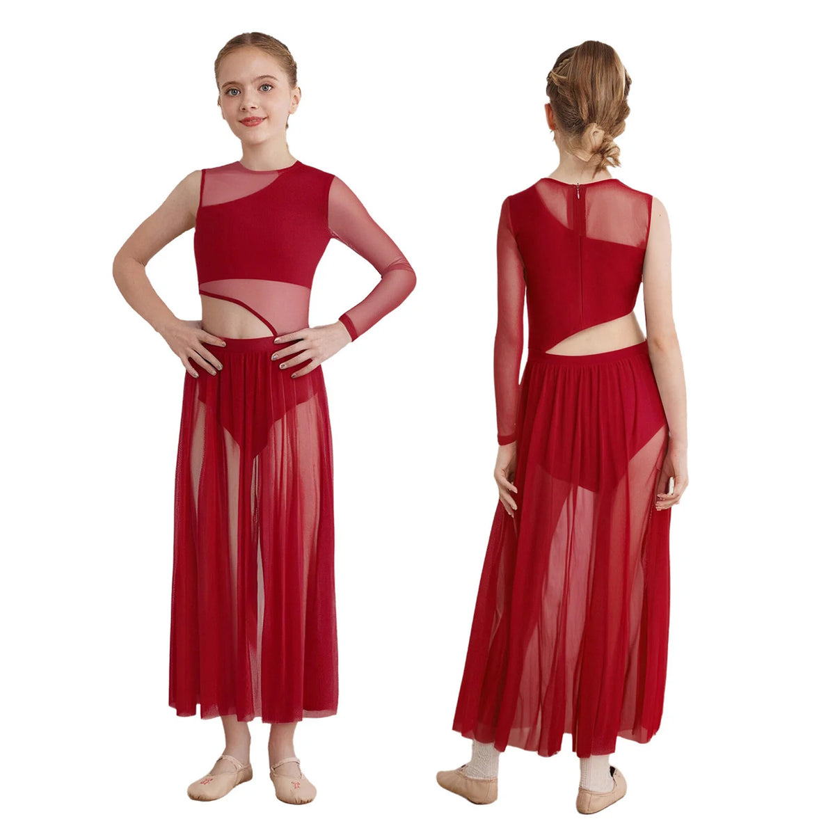 Kids Girls Lyrical Contemporary Dance Dress Patchwork Side Split Mesh Shiny Rhinestones Dresses Competition Performance Costumes
