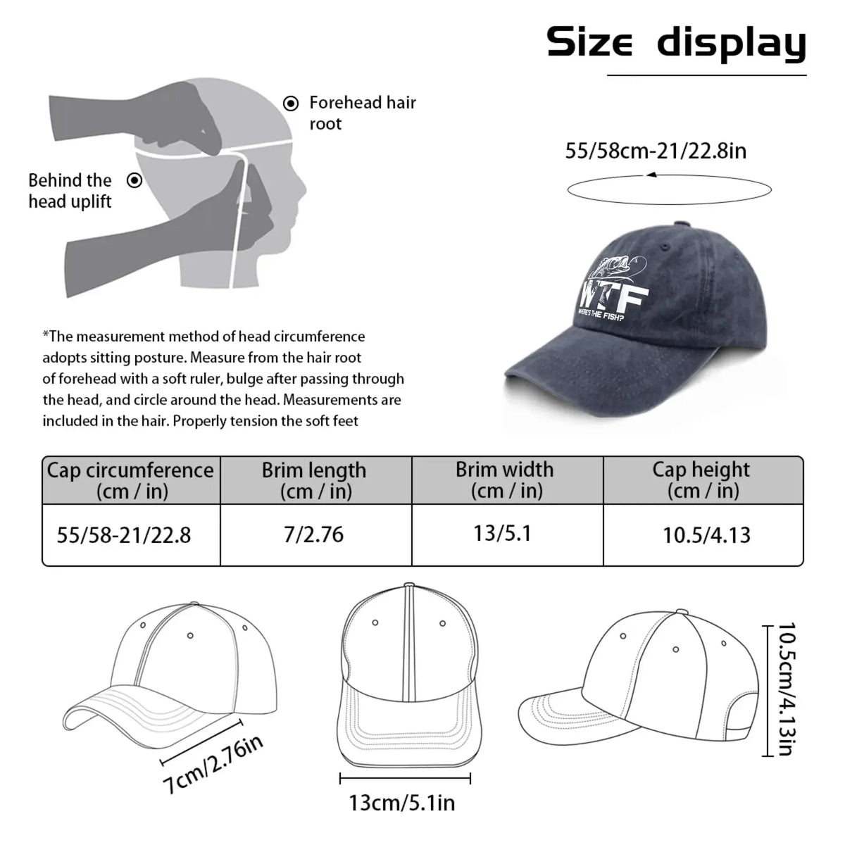 WTF Where's The Fish Hats for Man Fishing Here Fishy Fishy Hats for Men Baseball Funny Trucker Men Black Gym Caps Navy Blue