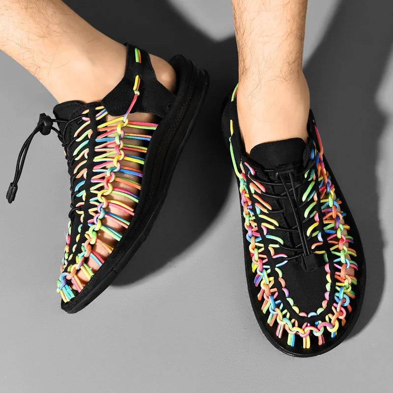 Women Sandals Fashion Handmade Weaving Design Beach Slippers Men Summer Breathable Casual Flat Sandals Outdoor Couples Big Size
