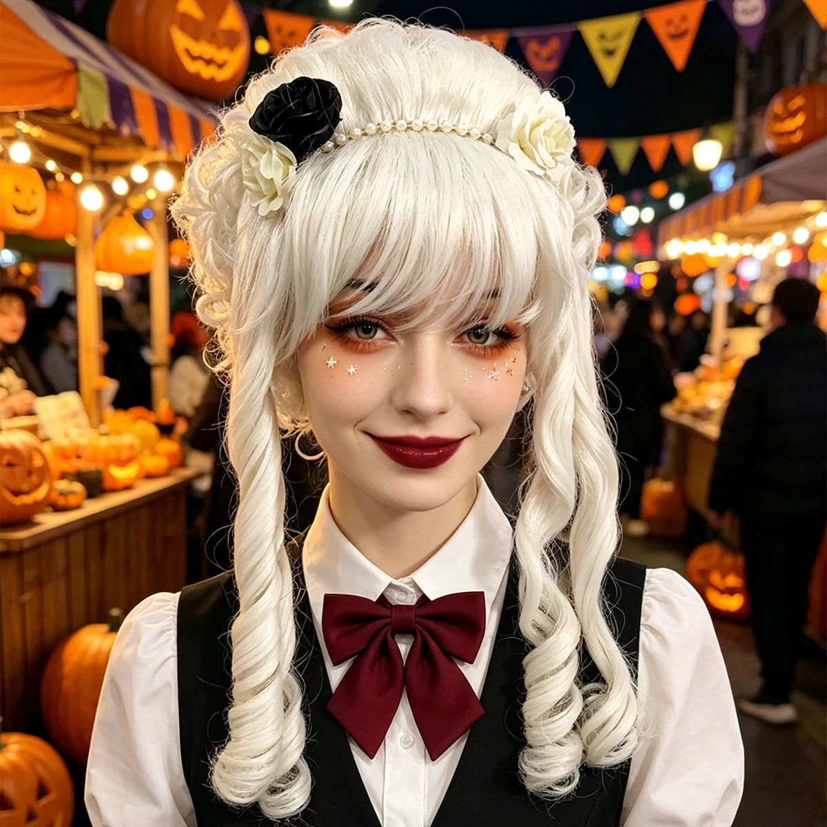 White Curly Updo Synthetic Wig Floral Gothic Rococo Victorian Women Halloween Lolita Cosplay Party Costume Hairpiece