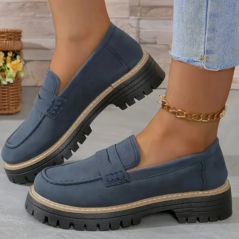 Woman platform Loafers Retro Autumn Ladies Large Size Frosted British Thick Heel Round Toe Rubber Outsole new Style Casual Shoes