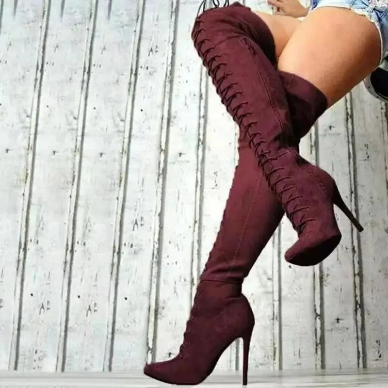 Women's Boots Pointed Toe Over The Knee Boots Autumn Winter Sexy High Heels Solid Color Casual Boot Lace Up Stiletto Long Boots