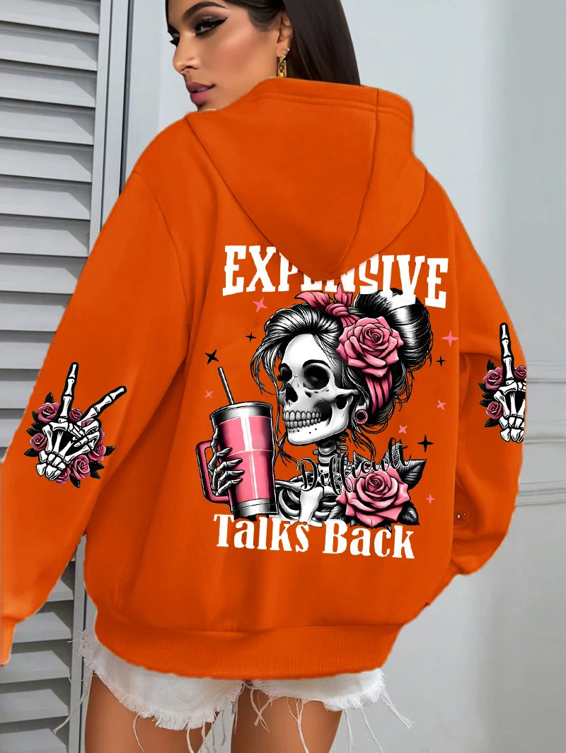 Expensive Talks Back Funny Printing Womens Plus Size Hoodie Multicolor Pullovers Fleece Autumn Sportswear Casual Pocket Hoody