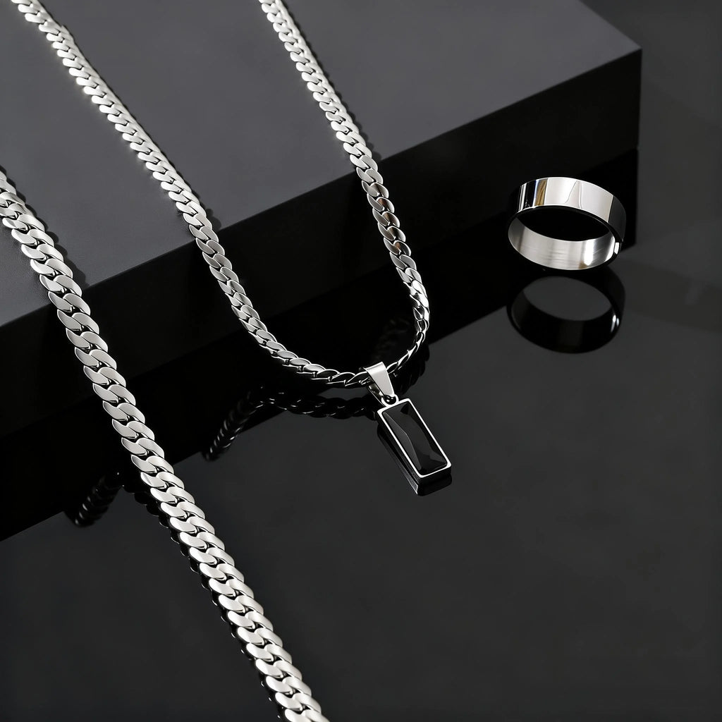Men's Geometric Square Pendant Necklace, Simple Flat Cuban Chain Bracelet & Ring, Trendy Hip Hop Stainless Steel Jewelry Set