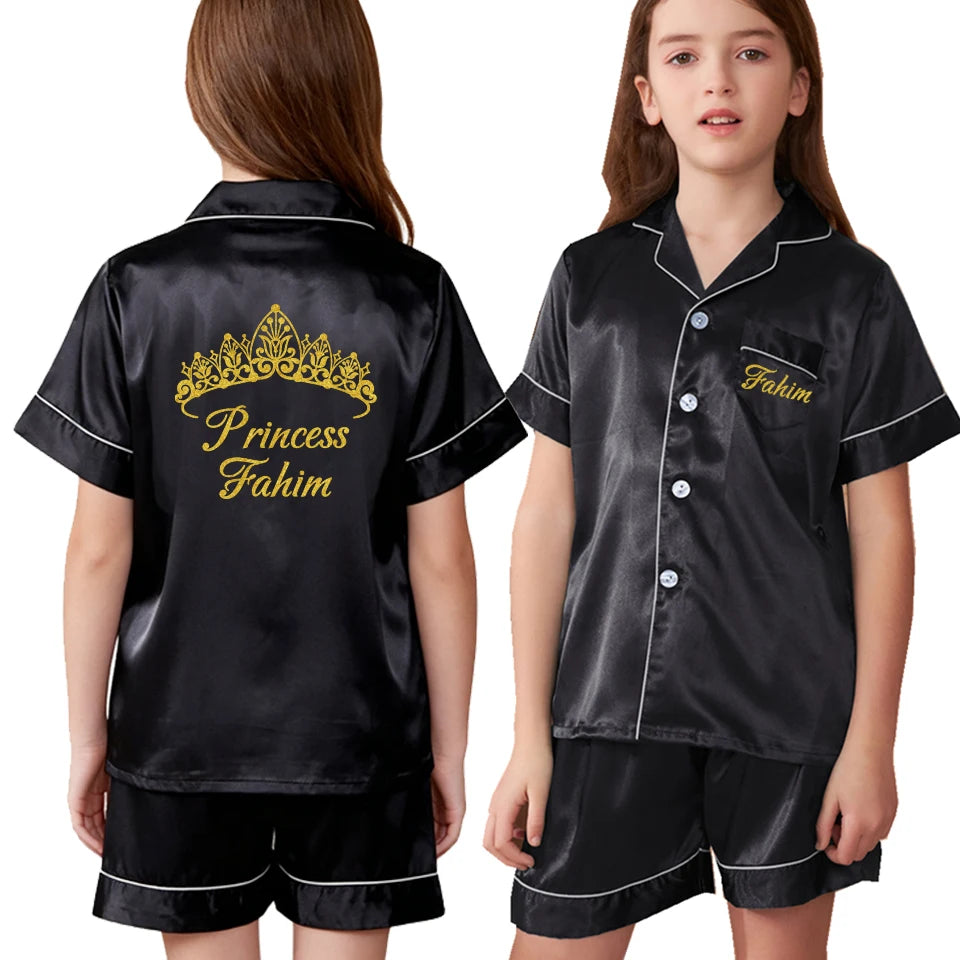 Custom Name and Date Children Pajama Silky Satin Pajamas Flower Girl Personalized Happy Birthday Pajamas Kids Princess Pajamas