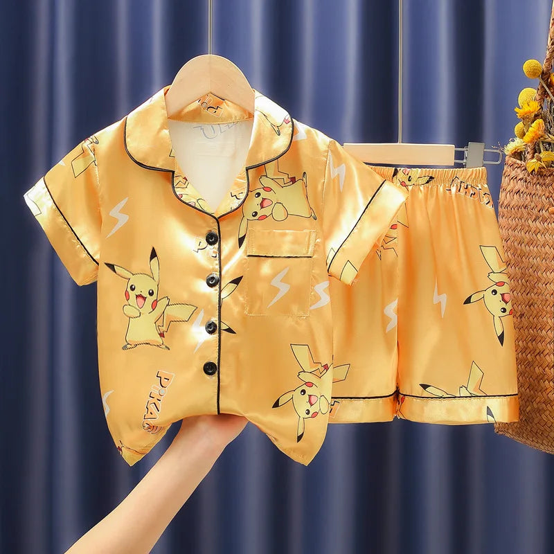 Anime 2Pcs Pikachu Boys Children Pajama Set Cartoon Girls Summer Thin Version Ice Silk Lapel Short Sleeve T-Shirt Shorts Pijamas