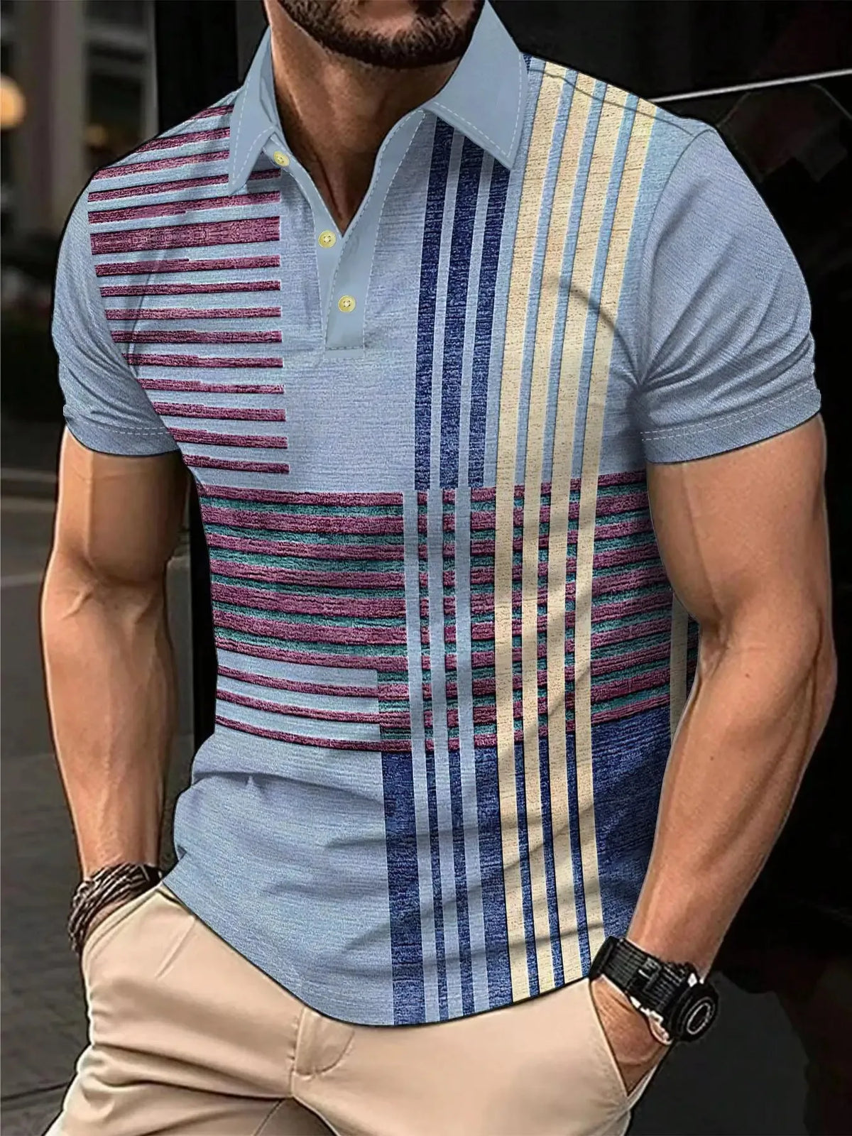 2026 Summer Men's Polo Shirt with Stripes Print Breathable Lightweight Casual Fashionable Outdoor Men's Clothing