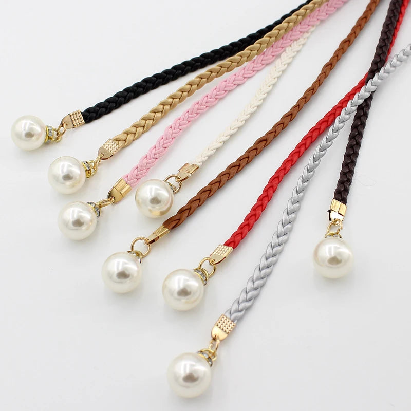 [F] Women Simple PU Leather Belt Boho Tassel Braided Self-Tie Belt Thin Waist Rope Belt