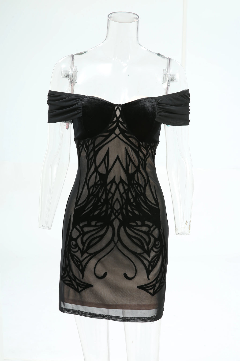 2026 Gothic Women's Bodycon Mini Dresses Off The Shoulder Curve Pattern Flocking Velvet Dress High Stretch Short Sleeves Dress
