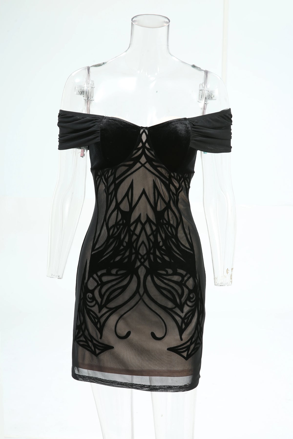 2026 Gothic Women's Bodycon Mini Dresses Off The Shoulder Curve Pattern Flocking Velvet Dress High Stretch Short Sleeves Dress