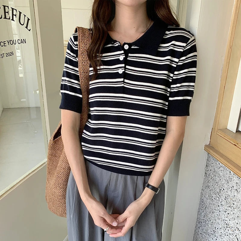 WinvyNee Summer Women's Pure Cotton Sweaters Polo T-Shirts White Half Sleeve Striped Tees Y2k Outerwears Pullover Tops ZA1523012