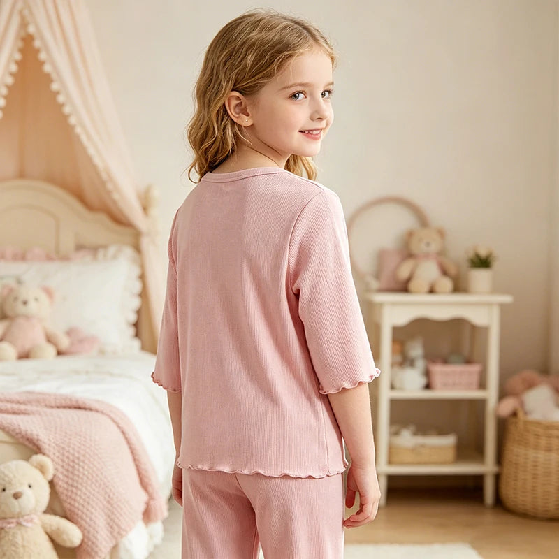 Kids Girls Ice Silk Loungewear Set Sweet Ruffle Sleepwear Soft Breathable Summer Casual Home Pajamas 2 Piece Outfit