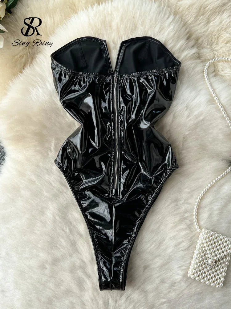 SINGREINY PU Leather Sexy Bodysuits Women Sleeveless Zipper Slim Rompers Summer Streetwear French Style Holidy Vintage Palysuits