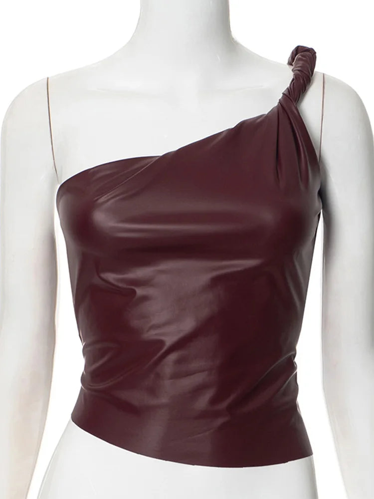 Summer 2024 Fashion Women Wine Red Pu Leather Crop Top Sexy Club Skinny Asymmetric Diagonal Shoulder T Shirt Casual Streetwear