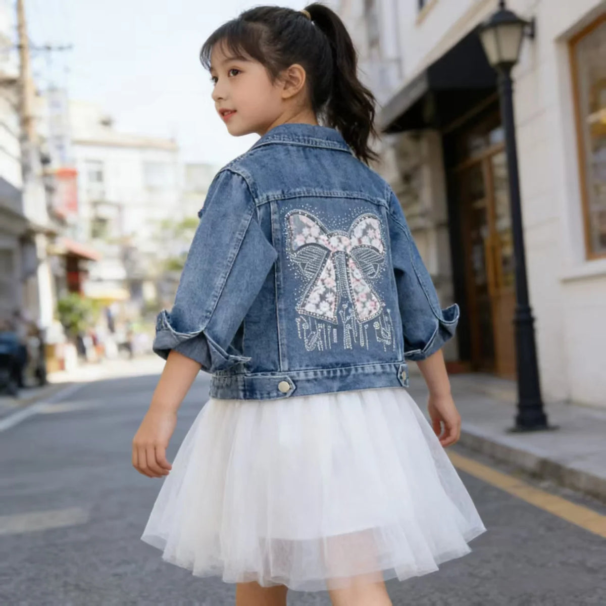 Kids Denim Jacket New Spring Autumn Girls Fashion Bow Bright Diamond Design Lapel Jean Coat Children Outerwear Clothing 2-12 Yrs