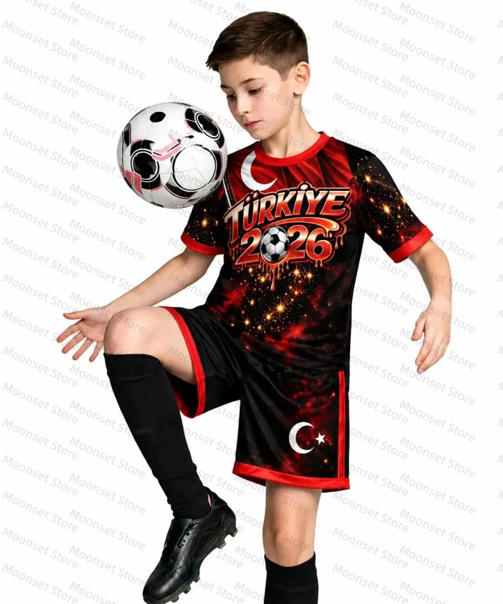 Kids Turkey Soccer Shirt Jersey Set 2026 Boys Football Outfit Türkiye Soccer Short Kit Turkey Flag Sportswear Kids Soccer Set