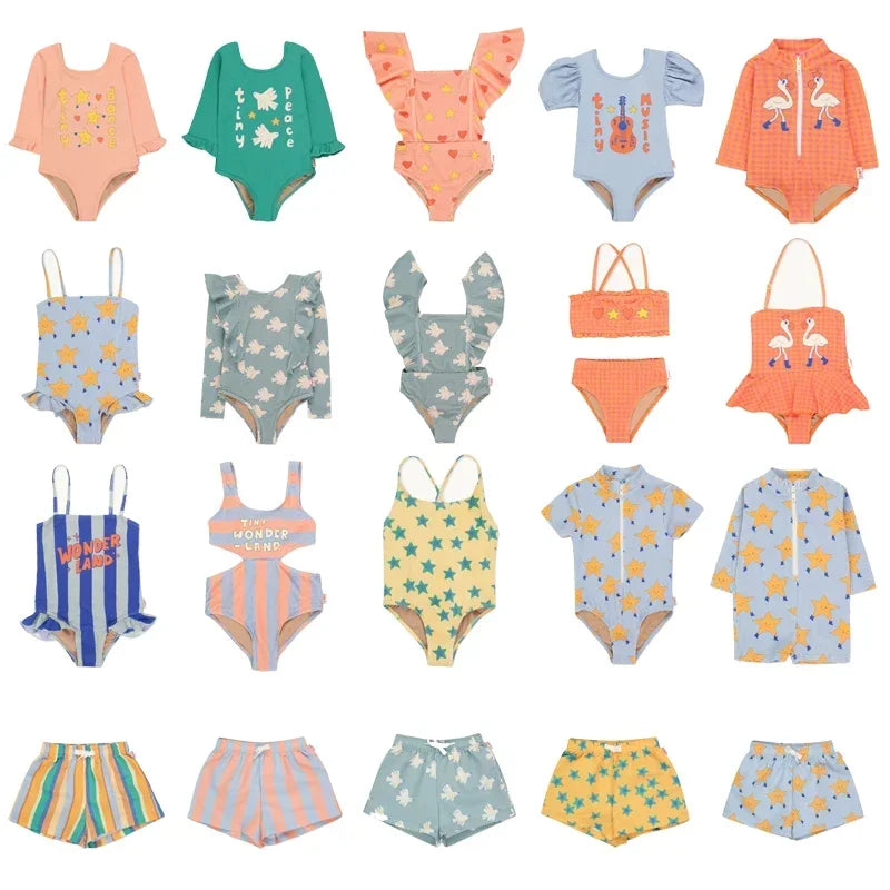 OUYANG&IVAN Kids Swimwear Sets 2025 New Summer TC Boys Girls Cute Print Swimming Suits Bikini Sets