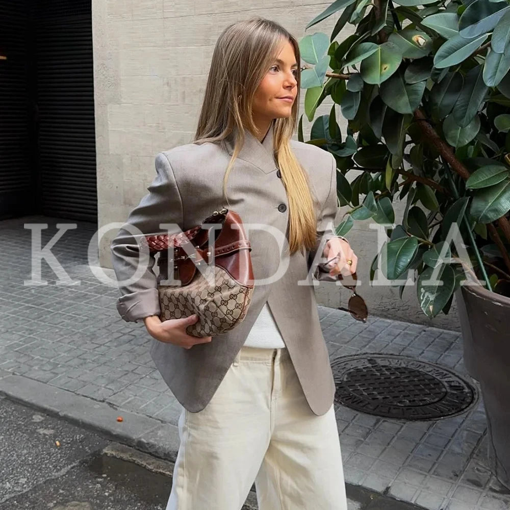 KONDALA 2026 Spring Summer Women Going Out Blazers Fashion Half High Collar Elegant Luxury Casual Ladies Chic Blazers