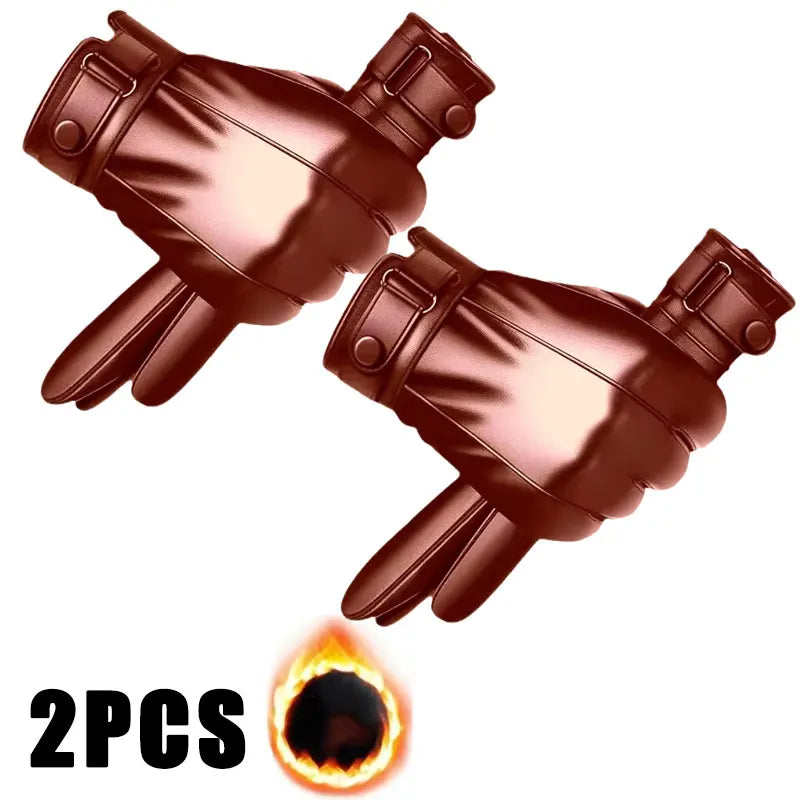 Winter Gloves for Men Genuine Leather Gloves Warm Plus Velvet Touch Screen Gloves Outdoor Cycling Driving Motorcycle PU Gloves