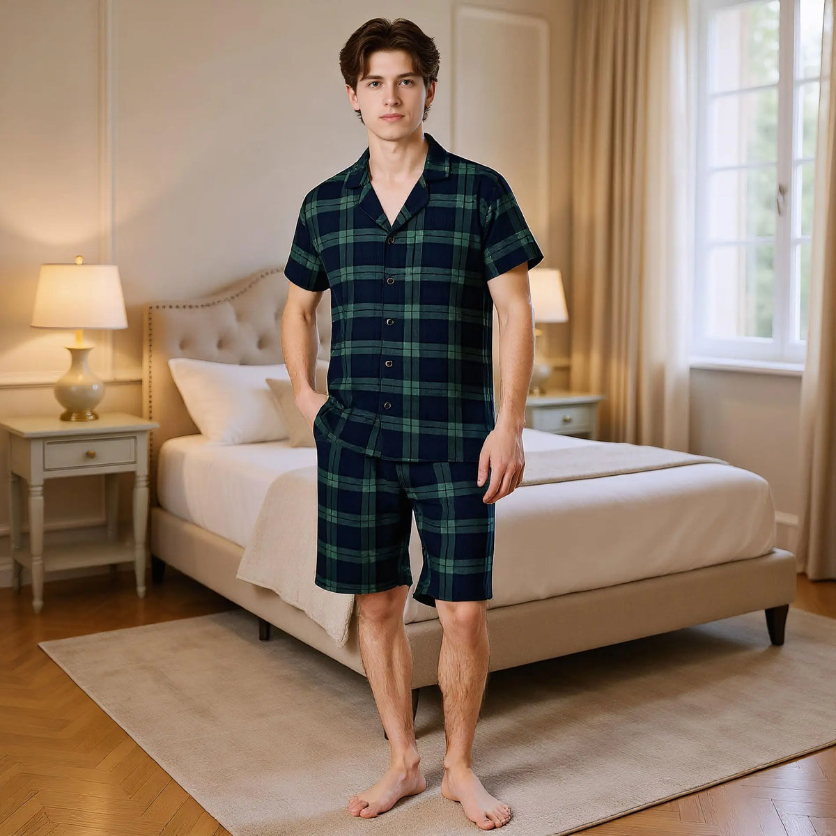 Mens Pajamas Set for Summer Short Sleeve Button Down Shirts Shorts Plaid PJ Set Soft Lounge Set Sleepwear M-XL