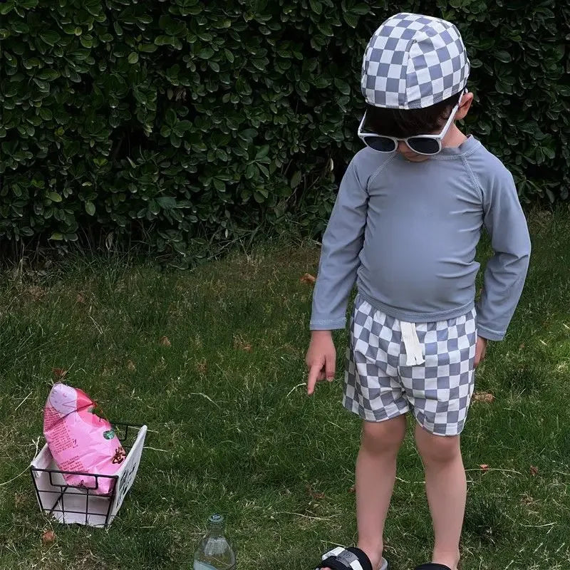 1-7Y New Children's Swimwear for Boys Children's Checkered Split Sun Protection Long Sleeve swimsuit  for Baby Swimwear  유아 수영복