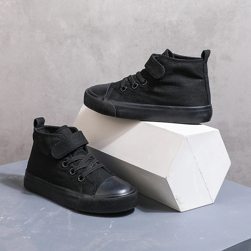 COMFY KIDS Black High-Top Canvas Sneakers, Velcro Strap and Lace-up Shoes for Boys and Girls (Ages 3-12), Comfortable Sports Shoes for Outdoor Play and School